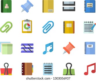 Color flat icon set graphic report flat vector, notebook, clip, sticker, paper tray, notepad, pushpin, binder, note