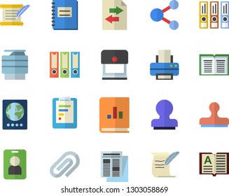 Color flat icon set graphic report flat vector, news, book balance accounting, notebook, clip, printer, copy machine, stamp,roll, folders for papers, passport, pass, share