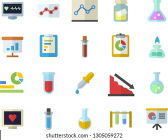 Color flat icon set graphic report flat vector, crisis, statistics, pipette, blood test, computer diagnostics of health, medical analysis, chart, point diagram, flask, gas burner, beakers