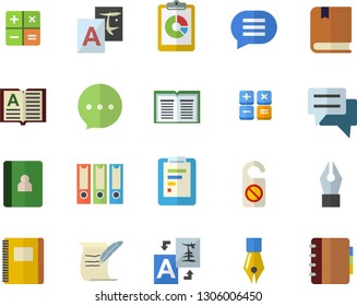Color flat icon set graphic report flat vector, chat, calculator, ink pen, hostory roll, textbook, notebook, folders for papers, do not disturb fector, translate, book