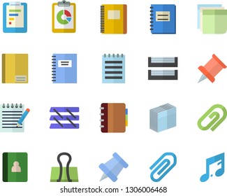 Color flat icon set graphic report flat vector, notebook, clip, sticker, paper tray, notepad, pushpin, binder, note