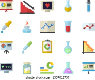 Color flat icon set graphic report flat vector, crisis, statistics, pipette, blood test, computer diagnostics of health, medical analysis, chart, point diagram, flask, gas burner, beakers