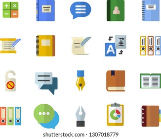 Color flat icon set graphic report flat vector, chat, calculator, ink pen, hostory roll, textbook, notebook, folders for papers, do not disturb fector, translate, book