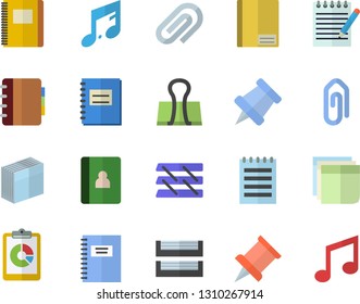 Color flat icon set graphic report flat vector, notebook, clip, sticker, paper tray, notepad, pushpin, binder, note