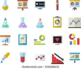 Color flat icon set graphic report flat vector, crisis, statistics, pipette, blood test, computer diagnostics of health, medical analysis, chart, point diagram, flask, gas burner