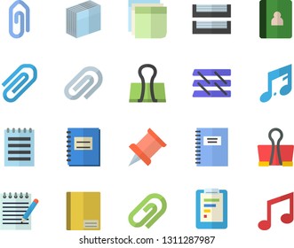 Color flat icon set graphic report flat vector, notebook, clip, sticker, paper tray, notepad, pushpin, binder, note