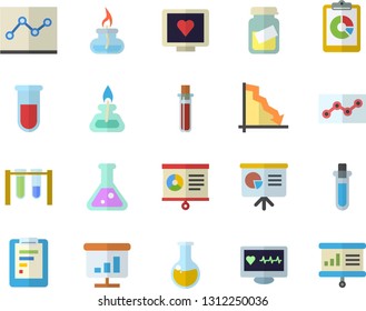 Color flat icon set graphic report flat vector, crisis, blood test, computer diagnostics of health, medical analysis, chart, point diagram, flask, gas burner, beakers, presentaition board
