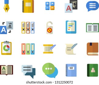 Color flat icon set graphic report flat vector, chat, calculator, ink pen, hostory roll, textbook, notebook, folders for papers, do not disturb fector, translate, book
