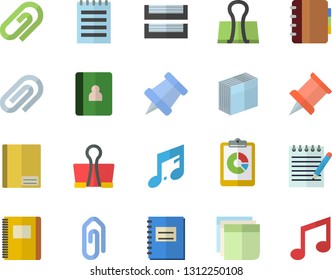 Color flat icon set graphic report flat vector, notebook, clip, sticker, paper tray, notepad, pushpin, binder, note