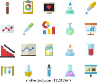 Color flat icon set graphic report flat vector, crisis, statistics, pipette, blood test, computer diagnostics of health, medical analysis, chart, point diagram, flask, gas burner, beakers