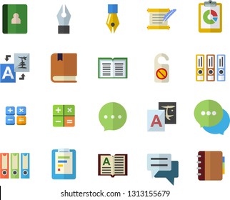 Color flat icon set graphic report flat vector, chat, calculator, ink pen, hostory roll, textbook, folders for papers, do not disturb fector, translate, book, notebook