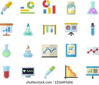 Color flat icon set graphic report flat vector, crisis, statistics, pipette, blood test, computer diagnostics of health, medical analysis, chart, point diagram, flask, gas burner, beakers