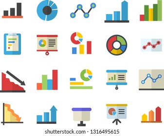 Color flat icon set graphic report flat vector, crisis, chart, statistics, scatter, flipchart, clircle diagram, point, presentaition board, achievement