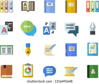 Color flat icon set graphic report flat vector, chat, ink pen, hostory roll, textbook, notebook, folders for papers, translate, book