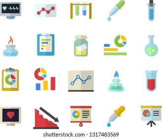 Color flat icon set graphic report flat vector, crisis, statistics, pipette, blood test, computer diagnostics of health, medical analysis, chart, point diagram, flask, gas burner, beakers