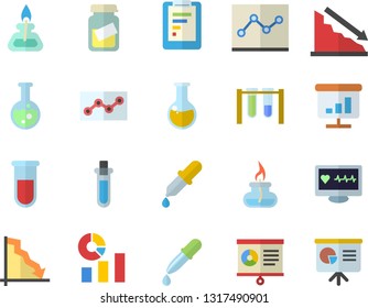 Color flat icon set graphic report flat vector, crisis, statistics, pipette, blood test, computer diagnostics of health, medical analysis, chart, point diagram, flask, gas burner, beakers