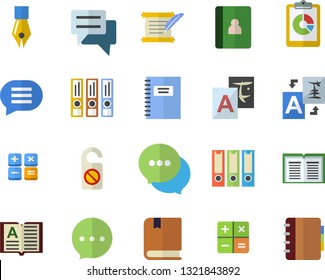 Color flat icon set graphic report flat vector, chat, calculator, ink pen, hostory roll, textbook, notebook, folders for papers, do not disturb fector, translate, book