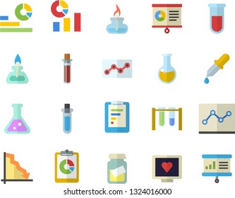 Color flat icon set graphic report flat vector, crisis, statistics, pipette, blood test, computer diagnostics of health, medical analysis, chart, point diagram, flask, gas burner, beakers
