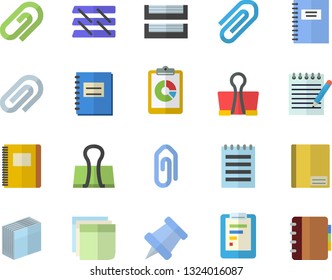 Color flat icon set graphic report flat vector, notebook, clip, sticker, paper tray, notepad, pushpin, binder