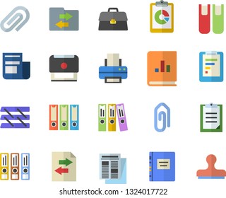 Color flat icon set graphic report flat vector, news, book balance accounting, clipboard, briefcase, clip, folder, printer, paper tray, stamp, textbook, folders for papers, file sharing