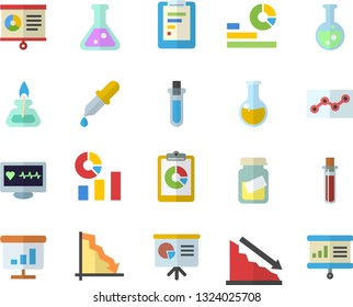 Color flat icon set graphic report flat vector, crisis, statistics, pipette, blood test, computer diagnostics of health, medical analysis, chart, point diagram, flask, gas burner, beakers