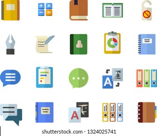 Color flat icon set graphic report flat vector, chat, calculator, ink pen, hostory roll, textbook, notebook, folders for papers, do not disturb fector, translate, book