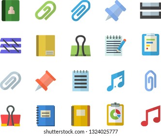Color flat icon set graphic report flat vector, notebook, clip, paper tray, notepad, pushpin, binder, note