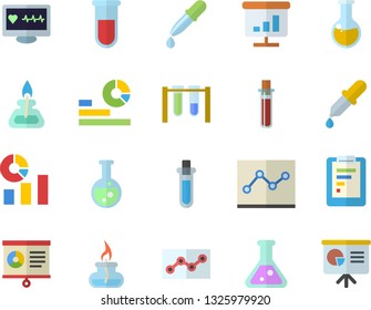 Color flat icon set graphic report flat vector, statistics, pipette, blood test, computer diagnostics of health, medical analysis, chart, point diagram, flask, gas burner, beakers