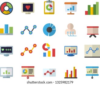Color flat icon set graphic report flat vector, chart, statistics, scatter, flipchart, computer diagnostics of health, statistic, clircle diagram, point, presentaition board