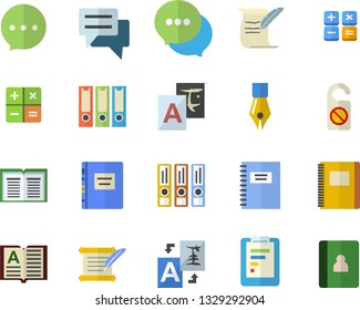 Color flat icon set graphic report flat vector, chat, calculator, ink pen, hostory roll, textbook, notebook, folders for papers, do not disturb fector, translate, book
