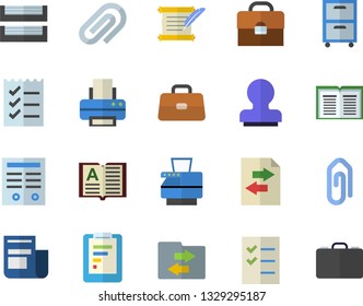 Color flat icon set graphic report flat vector, news, briefcase, clip, to do list, printer, paper tray, copy machine, archive, contract, stamp, hostory roll, file sharing, book, case
