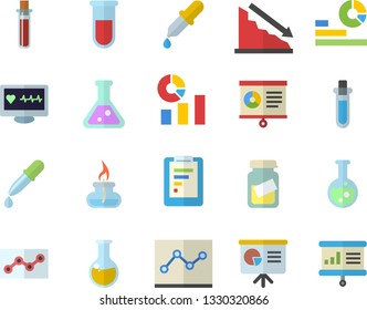 Color flat icon set graphic report flat vector, crisis, statistics, pipette, blood test, computer diagnostics of health, medical analysis, chart, point diagram, flask, gas burner, beakers