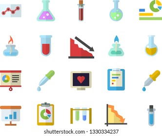 Color flat icon set graphic report flat vector, crisis, statistics, pipette, blood test, computer diagnostics of health, medical analysis, chart, point diagram, flask, gas burner, beakers