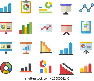 Color flat icon set graphic report flat vector, crisis, chart, statistics, scatter, flipchart, clircle diagram, point, presentaition board, achievement