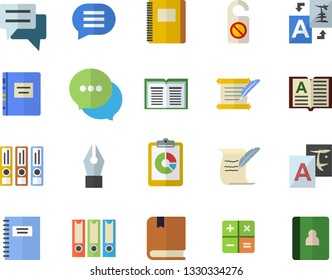 Color flat icon set graphic report flat vector, chat, calculator, ink pen, hostory roll, textbook, notebook, folders for papers, do not disturb fector, translate, book