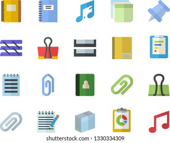 Color flat icon set graphic report flat vector, notebook, clip, sticker, paper tray, notepad, pushpin, binder, note