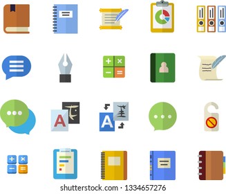 Color flat icon set graphic report flat vector, chat, calculator, ink pen, hostory roll, textbook, notebook, folders for papers, do not disturb fector, translate