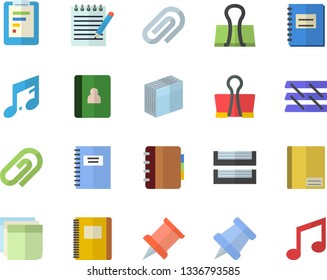 Color flat icon set graphic report flat vector, notebook, clip, sticker, paper tray, notepad, pushpin, binder, note