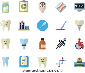 Color flat icon set graphic report flat vector, pill packaging, vial, syringe, computer diagnostics of health, disabled, hospital, medical analysis, scalpel, sperm, tooth, caries, broken, implant