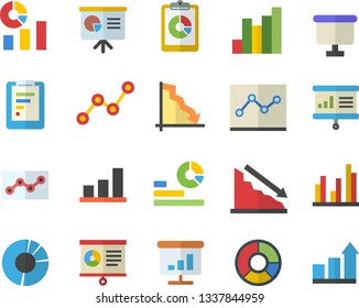 Color flat icon set graphic report flat vector, crisis, chart, statistics, scatter, flipchart, statistic, clircle diagram, point, presentaition board, achievement