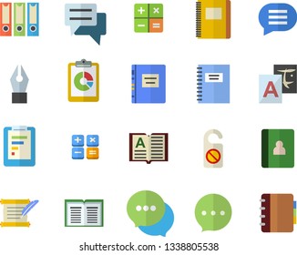 Color flat icon set graphic report flat vector, chat, calculator, ink pen, hostory roll, textbook, notebook, folders for papers, do not disturb fector, translate, book