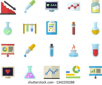 Color flat icon set graphic report flat vector, crisis, statistics, pipette, blood test, computer diagnostics of health, medical analysis, chart, point diagram, flask, gas burner, beakers