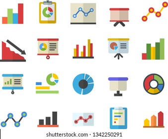 Color flat icon set graphic report flat vector, crisis, chart, statistics, scatter, flipchart, statistic, clircle diagram, point, presentaition board, achievement