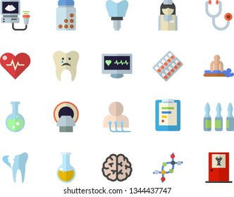 Color flat icon set graphic report flat vector, pill packaging, computer diagnostics of health, stethoscope, medical analysis, massage, ampoule, ultrasound, tomograph, nurse, caries, broken tooth