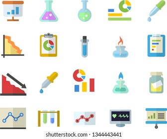 Color flat icon set graphic report flat vector, crisis, statistics, pipette, computer diagnostics of health, medical analysis, chart, point diagram, flask, gas burner, beakers, presentaition board
