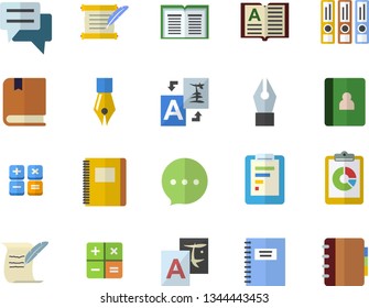 Color flat icon set graphic report flat vector, chat, calculator, ink pen, hostory roll, textbook, notebook, folders for papers, translate, book