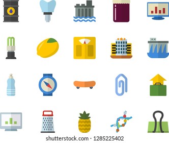 Color flat icon set grater flat vector, lemon, jam, pineapple, oil tanks, hydroelectric power station, energy saving lamp, DNA, implant, computer chart, skateboard, weighing machine, water, hotel