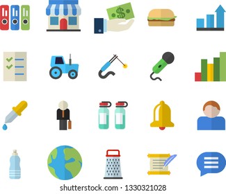 Color flat icon set grater flat vector, hamburger, tractor, welding, store front, earth, chart, investments, pipette, ampoule, folder, to do list, businessman, hostory roll, achievement, water, bell