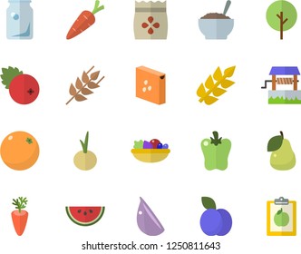 Color flat icon set groats flat vector, ear, watermelon, salad, porridge, carrot, garlic, onion, bell pepper, cranberry, plum, pear, orange, seeds, well, tree, glass bottles, diet