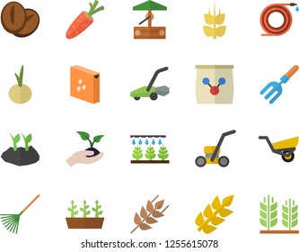 Color flat icon set groats flat vector, ear, coffee beans, onion, well, carrot, sprinkling machine, pitchfork, hose, seedlings, rake, planting plants, garden wheelbarrow, lawn mower